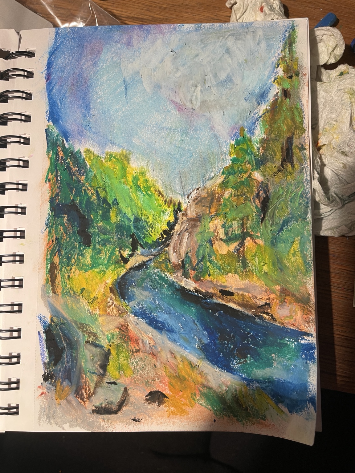 Colorful oil pastel river landscape