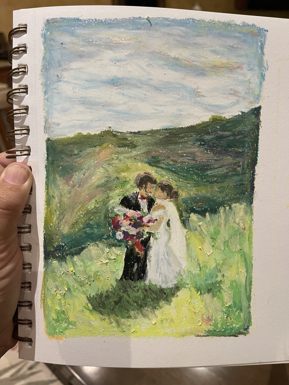 Oil pastel of a wedding couple in a green landscape